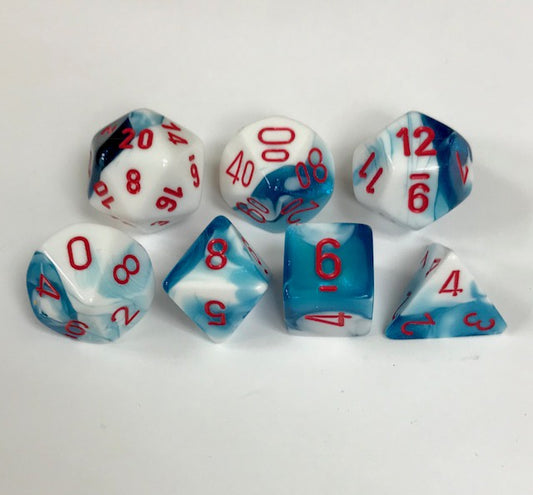 CHESSEX 7 DIE POLYHEDRAL DICE SET: GEMINI ASTRAL BLUE-WHITE WITH RED