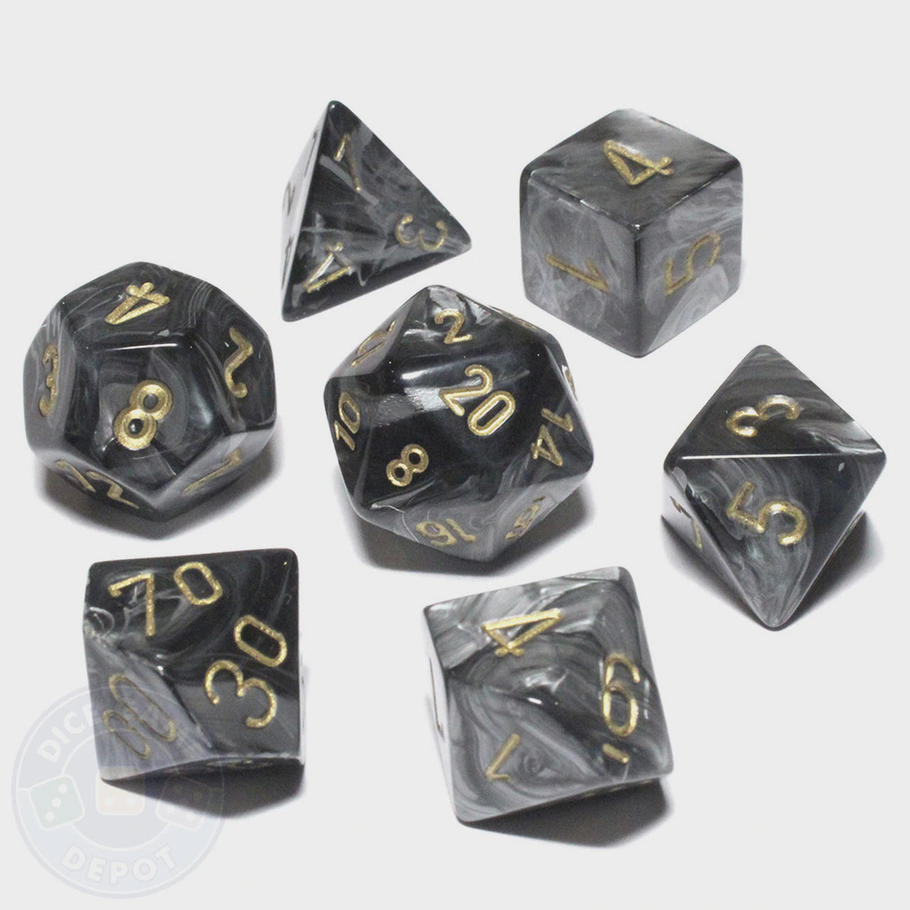 CHESSEX 7 DIE POLYHEDRAL DICE SET: LUSTROUS BLACK WITH GOLD