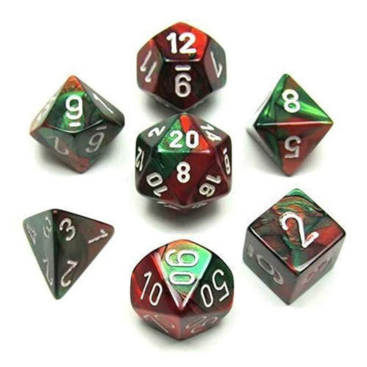 CHESSEX 7 DIE POLYHEDRAL DICE SET: GEMINI GREEN RED WITH WHITE
