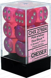 CHESSEX 16mm D6 DICE BLOCK (12 DICE) BOREALIS PINK/SILVER