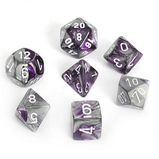 CHESSEX 7 DIE POLYHEDRAL DICE SET: GEMINI PURPLE STEEL WITH WHITE