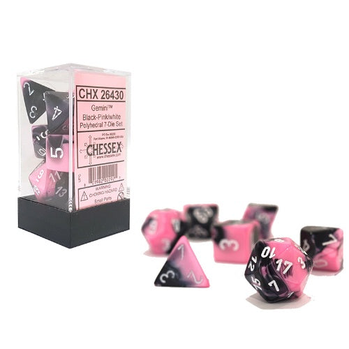 CHESSEX 7 DIE POLYHEDRAL DICE SET: GEMINI BLACK PINK WITH WHITE