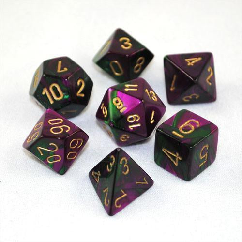 CHESSEX 7 DIE POLYHEDRAL DICE SET: GEMINI GREEN PURPLE WITH GOLD