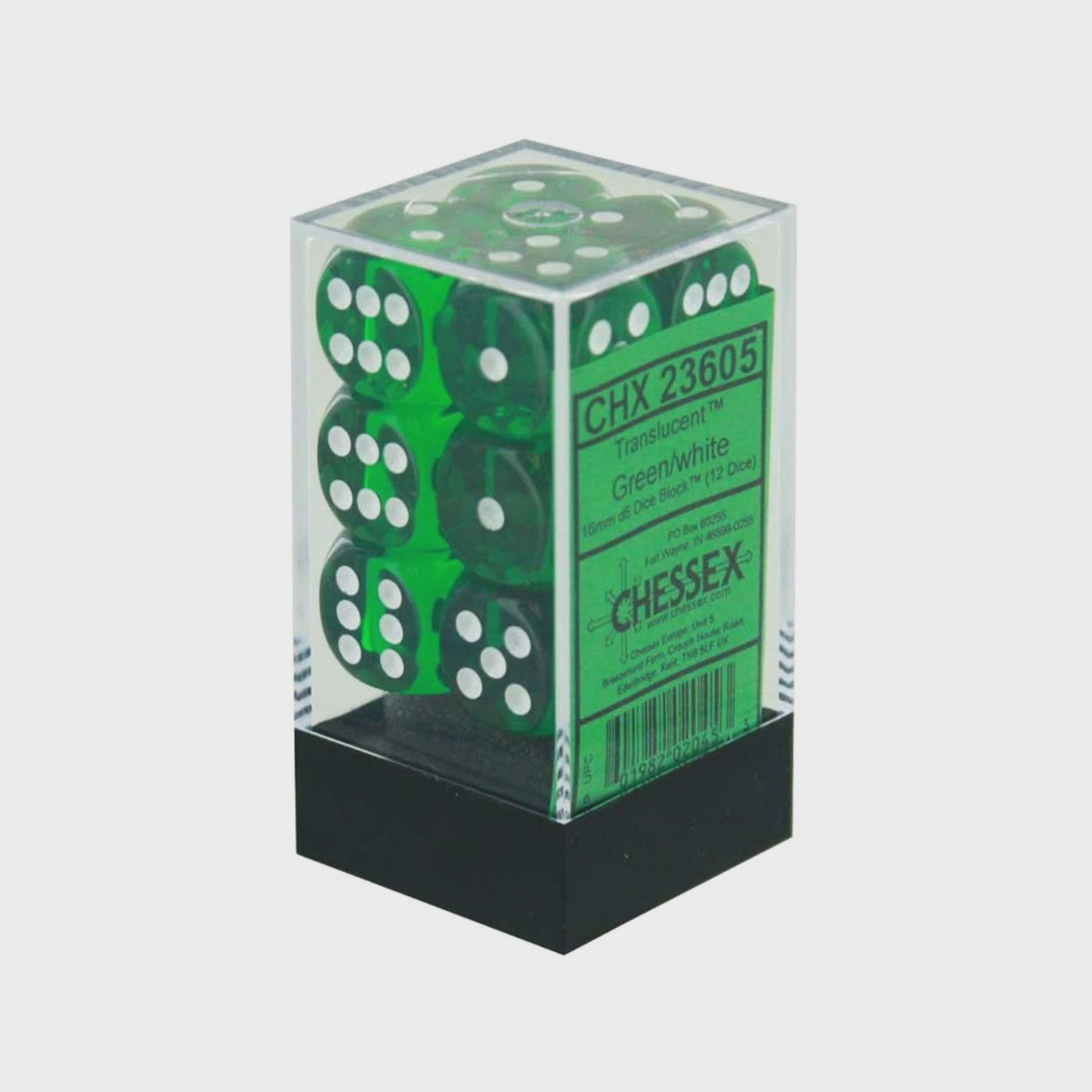 CHESSEX 16mm D6 DICE BLOCK (12 DICE) TRANSLUCENT GREEN WITH WHITE