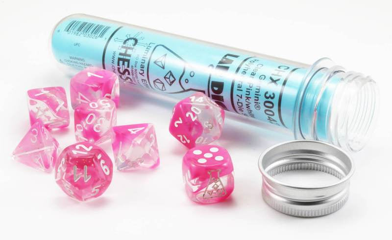 CHESSEX 7 DIE POLYHEDRAL DICE SET: LAB DICE GEMINI CLEAR-PINK WITH WHITE