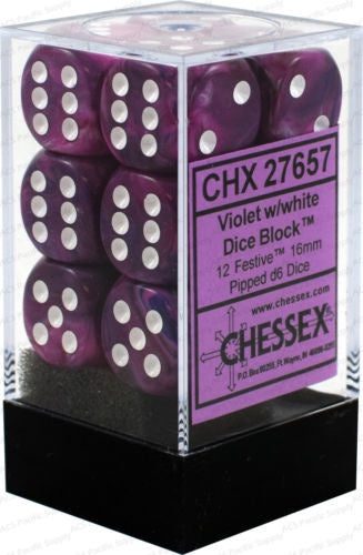 CHESSEX 16mm D6 DICE BLOCK (12 DICE) - FESTIVE VIOLET/WHITE
