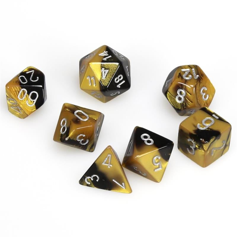 CHESSEX 7 DIE POLYHEDRAL DICE SET: GEMINI BLACK GOLD WITH SILVER