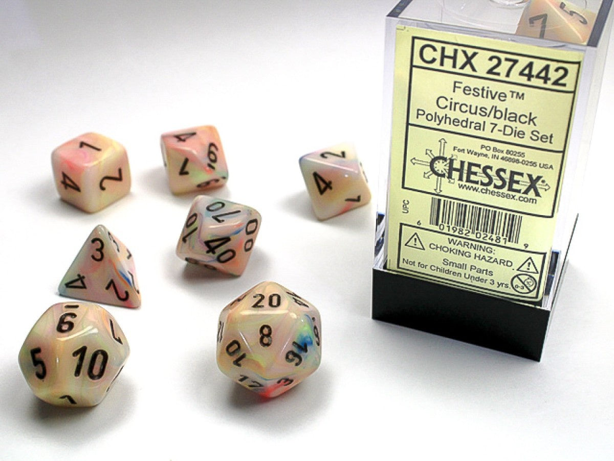 CHESSEX 7 DIE POLYHEDRAL DICE SET: FESTIVE CIRCUS WITH BLACK