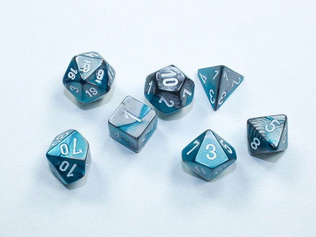 CHESSEX MINI 7 DIE POLYHEDRAL DICE SET: GEMINI STEEL - TEAL/WHITE