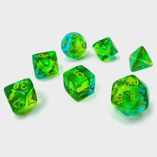 CHESSEX 7 DIE POLYHEDRAL DICE SET: GEMINI TRANSLUCENT  GREEN/TEAL WITH YELLOW