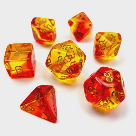 CHESSEX 7 DIE POLYHEDRAL DICE SET: GEMINI TRANSLUCENT RED/YELLOW WITH GOLD
