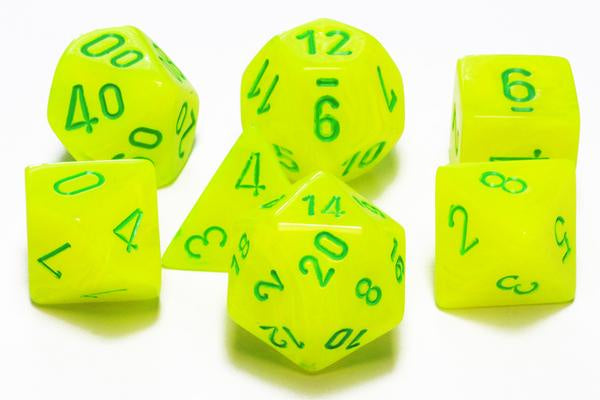 CHESSEX 7 DIE POLYHEDRAL DICE SET: VORTEX ELECTRIC YELLOW WITH GREEN