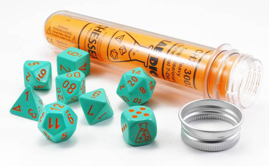 CHESSEX 7 DIE POLYHEDRAL DICE SET: LAB DICE HEAVY TURQUOISE WITH ORANGE