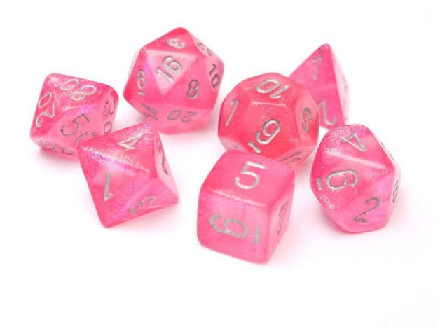 CHESSEX 7 DIE POLYHEDRAL DICE SET: BOREALIS PINK WITH SILVER