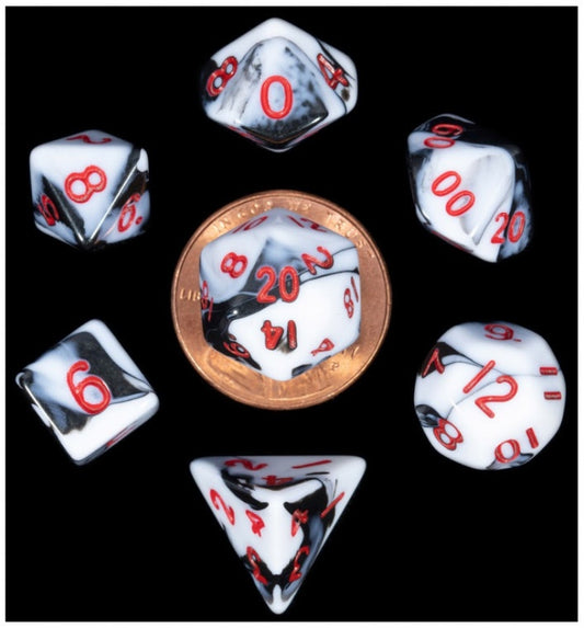 MDG MINI POLYHEDRAL DICE SET - MARBLE WITH RED