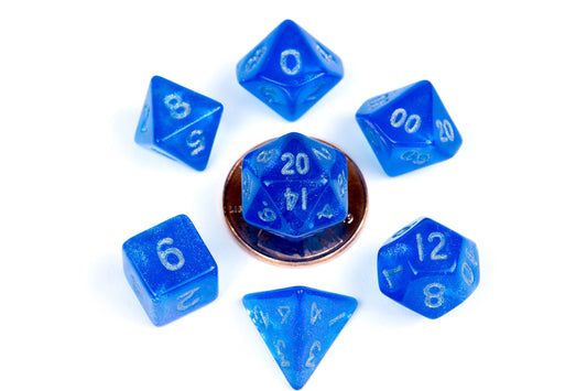 MDG MINI POLYHEDRAL DICE SET - STARDUST BLUE WITH SILVER NUMBERS