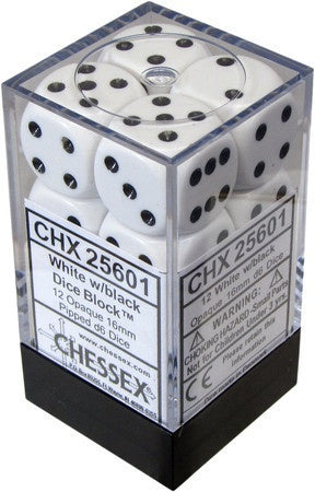 CHESSEX 16mm D6 DICE BLOCK (12 DICE) WHITE/BLACK