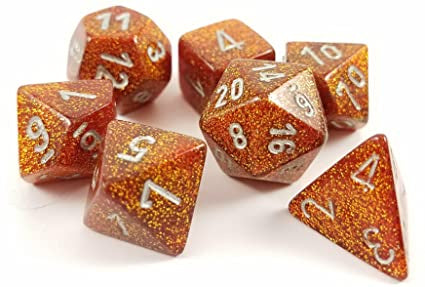 CHESSEX 7 DIE POLYHEDRAL DICE SET: GLITTER GOLD WITH SILVER