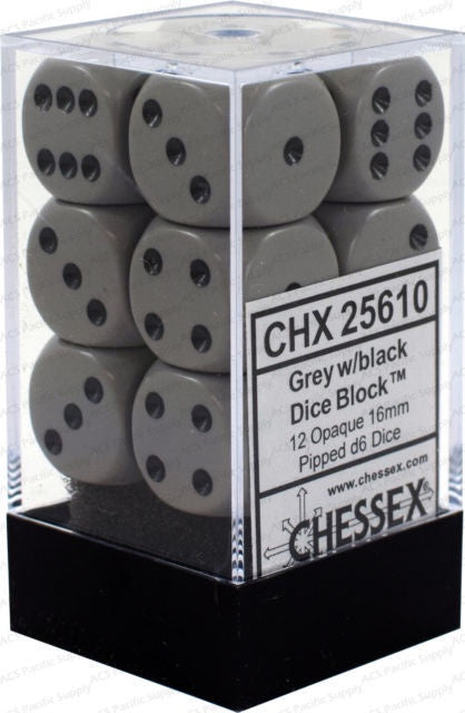 CHESSEX 16mm D6 DICE BLOCK (12 DICE) GREY/BLACK