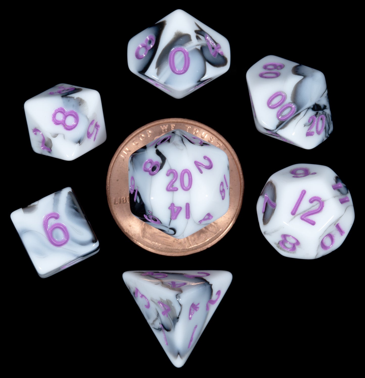 MDG MINI POLYHEDRAL DICE SET - MARBLE WITH PURPLE