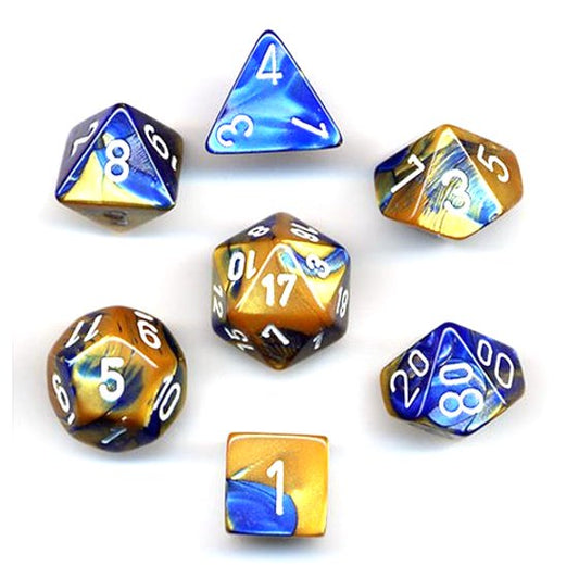 CHESSEX 7 DIE POLYHEDRAL DICE SET: GEMINI BLUE GOLD WITH WHITE