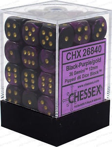 CHESSEX 12mm D6 DICE BLOCK (36 DICE) GEMINI BLACK/PURPLE WITH GOLD