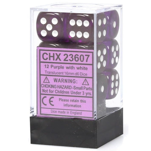 CHESSEX 16mm D6 DICE BLOCK (12 DICE) TRANSLUCENT PURPLE WITH WHITE