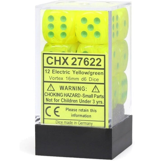CHESSEX 16mm D6 DICE BLOCK (12 DICE) - VORTEX ELECTRIC YELLOW WITH GREEN