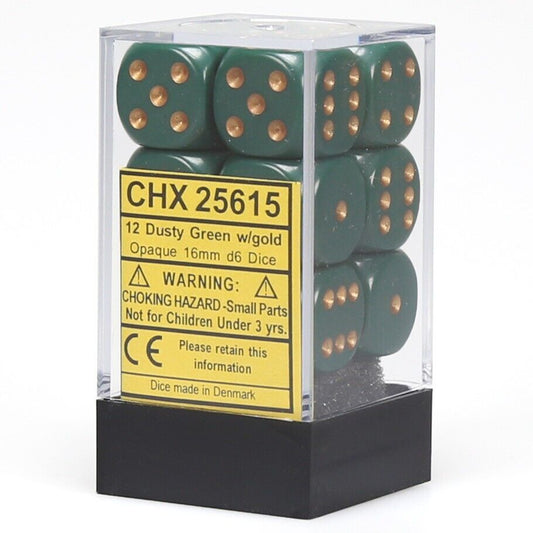 CHESSEX 16mm D6 DICE BLOCK (12 DICE) DUSTY GREEN/COPPER