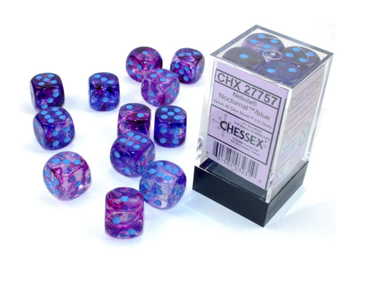 CHESSEX 16mm D6 DICE BLOCK (12 DICE) -NEBULA NOCTURNAL WITH BLUE